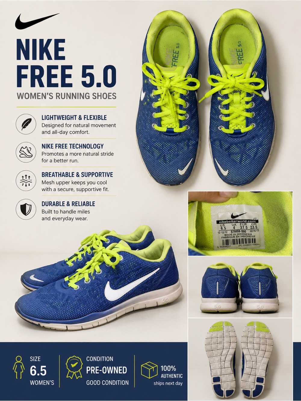 Nike Blue Running Shoes with Neon Yellow Accents